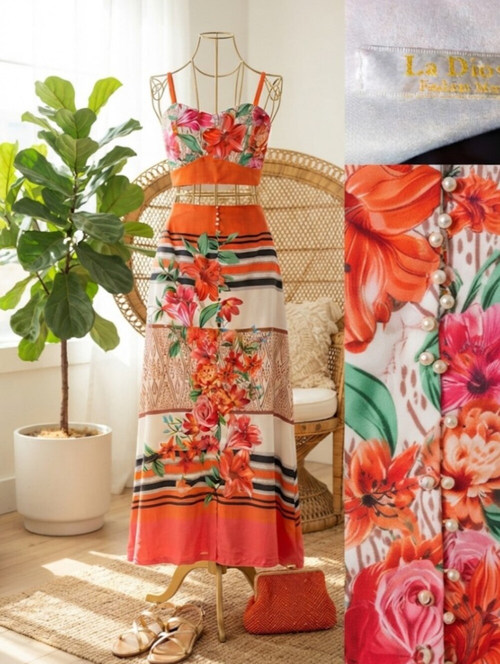 Orange Floral Maxi Dress with Pearl Buttons